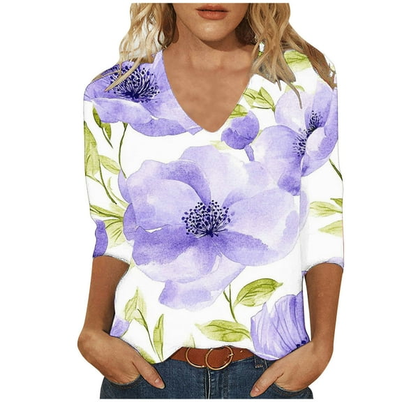 successthop Floral Blouses for Women Plus Size 3/4 Sleeve Tee Shirts Lightweight Crewneck Pullover Shirt Print Tops