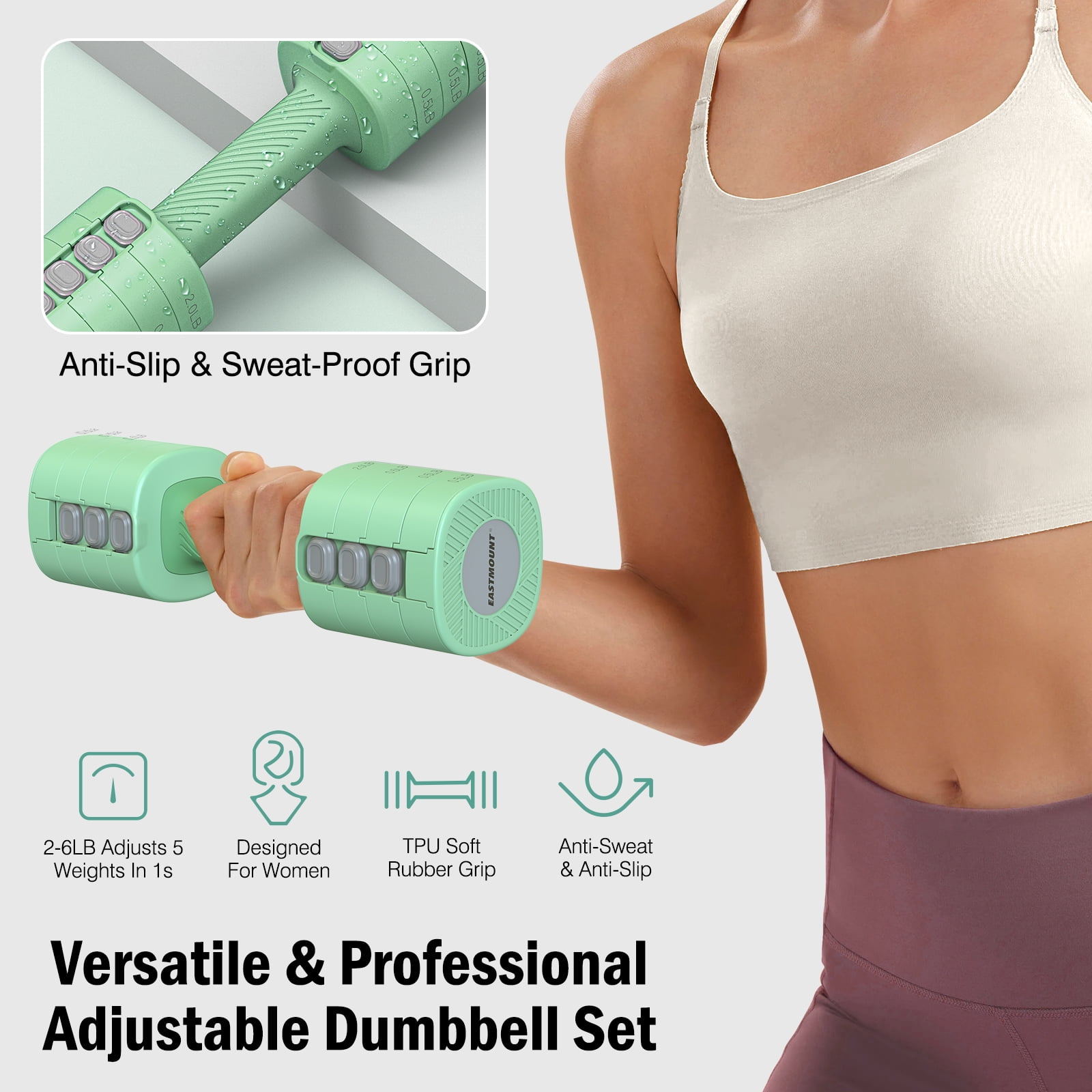 EAST MOUNT Adjustable Dumbbells Set of 2 - Women Hand Weights 2lb/3lb/4lb/5lb/6lb Weight Set 12 lbs/Pair Hand Weights for Home Office Gym Workout