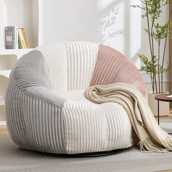 Hobooment Modern 43" Oversized Curduroy Bean Bag, Color-Block Bean Bag Chair with Soft Corduroy & Memory Foam Cozy Fluffy Reading Chair for Living Room & Bedroom, Pink and Gray