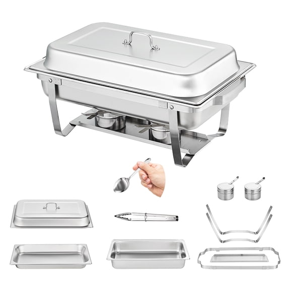 KFFKFF 4 Pack 8QT Food-Grade 201 Stainless Steel Chafing Dish Buffet Set Food Warmer Chafer Kit with 4 Full-Size Food Pans, Lids Water Pans, Collapsible Stands, Fuel Holders, and Spoon Clips