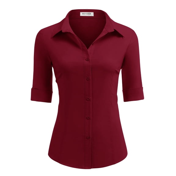 Women's Button Up Stretchy Button-Down Shirt Wine Red, X-Large, 3/4 Sleeve
