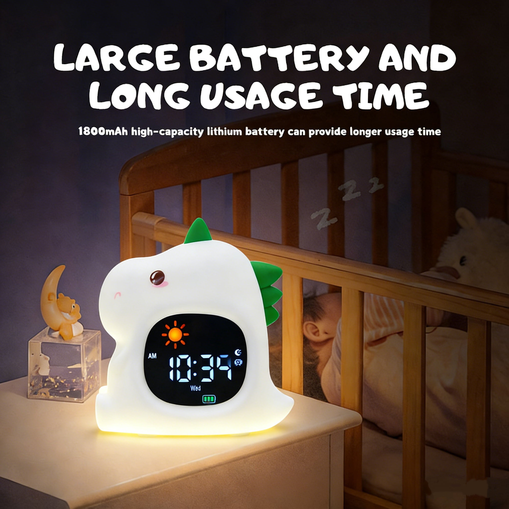 Dinosaur Children's Sleep Training Alarm Clock - Night Light with Wake Up Light, Sleep Sound, and Color Changing Emotion Light