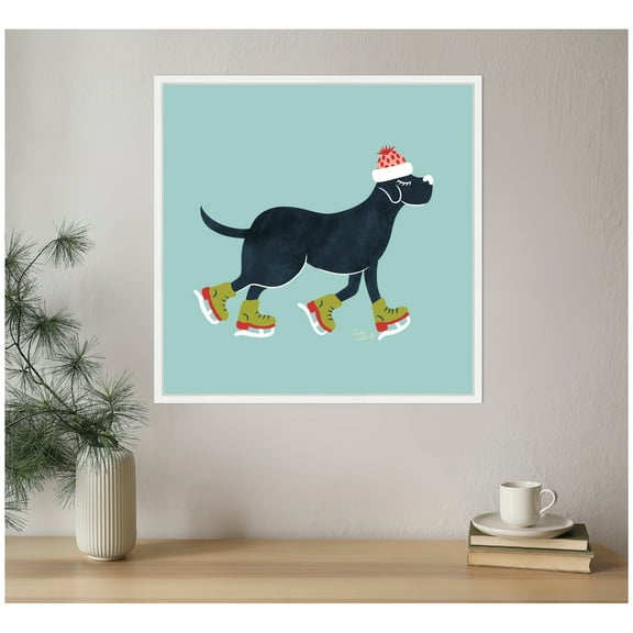 Kate and Laurel Framed Canvas Wall Art Print 'Cute Christmas Black Labrador Retriever' by Carrie Cantwell, 22 x 22 Sylvie White Frame, Whimsical, Animal Art for Wall Decor