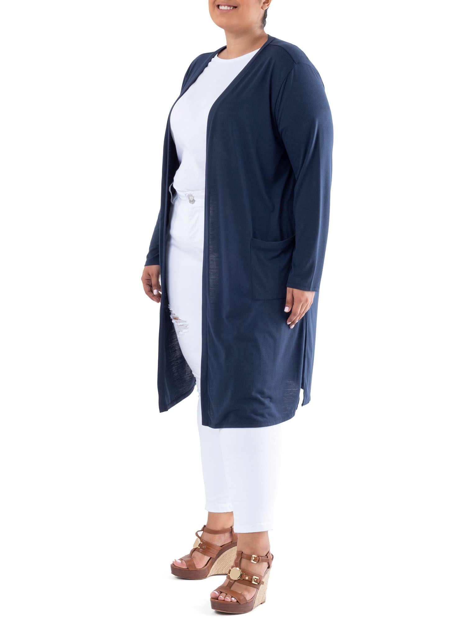 Wright's Women's Plus Size Long Sleeve Open Front Pocket Jersey Duster Cardigan, 1X-5X