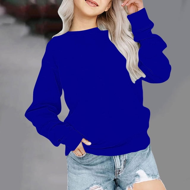 YUTK Chemises Filles Taille 7-8 en Liquidation Enfants Garçons Filles Mode Mignon Couleur Unie Manches Longues Col Rond Chandail en Molleton Chandail Top Chandails à Capuchon Bleu