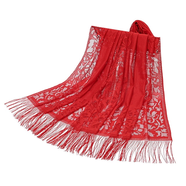 YOUSNH Ensemble Mode Femme Nylon Rayé Creux à Franges Long Châle Foulard Chapeau Foulard Gant Rouge Taille Unique