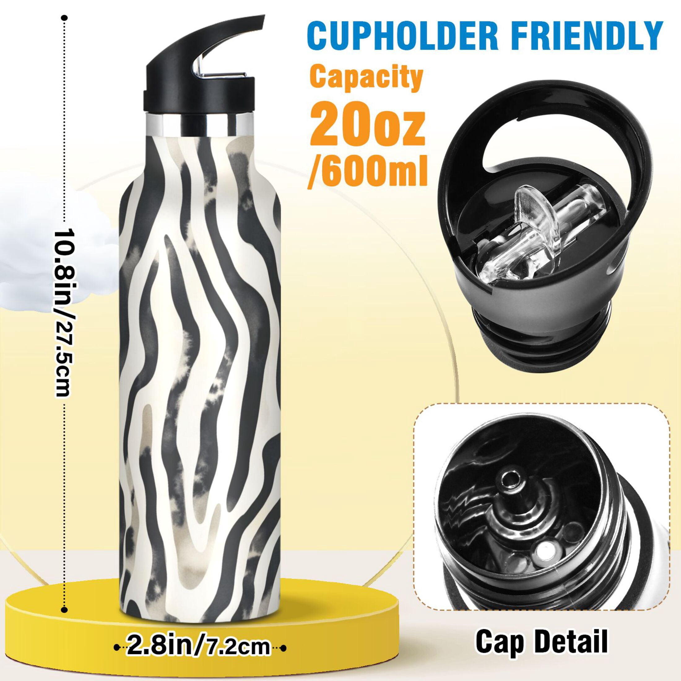 Kids Insulated Stainless Steel Sports Water Bottle 600ml (20oz) Black and White Shapes Pattern