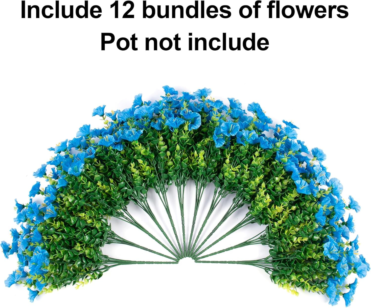Artificial Fake Outdoor Plants Flowers for Summer Decoration, 12 Bundles Silk Blue Morning Glory Eucalyptus Realistic UV Resistant Faux Flowers for Outside Planter Front Door Porch Garden Yard Patio