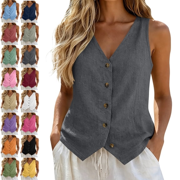 Women's Plus Size Cotton Linen Vest, Sleeveless V-Neck Button-Down Waistcoat with Textured Fabric