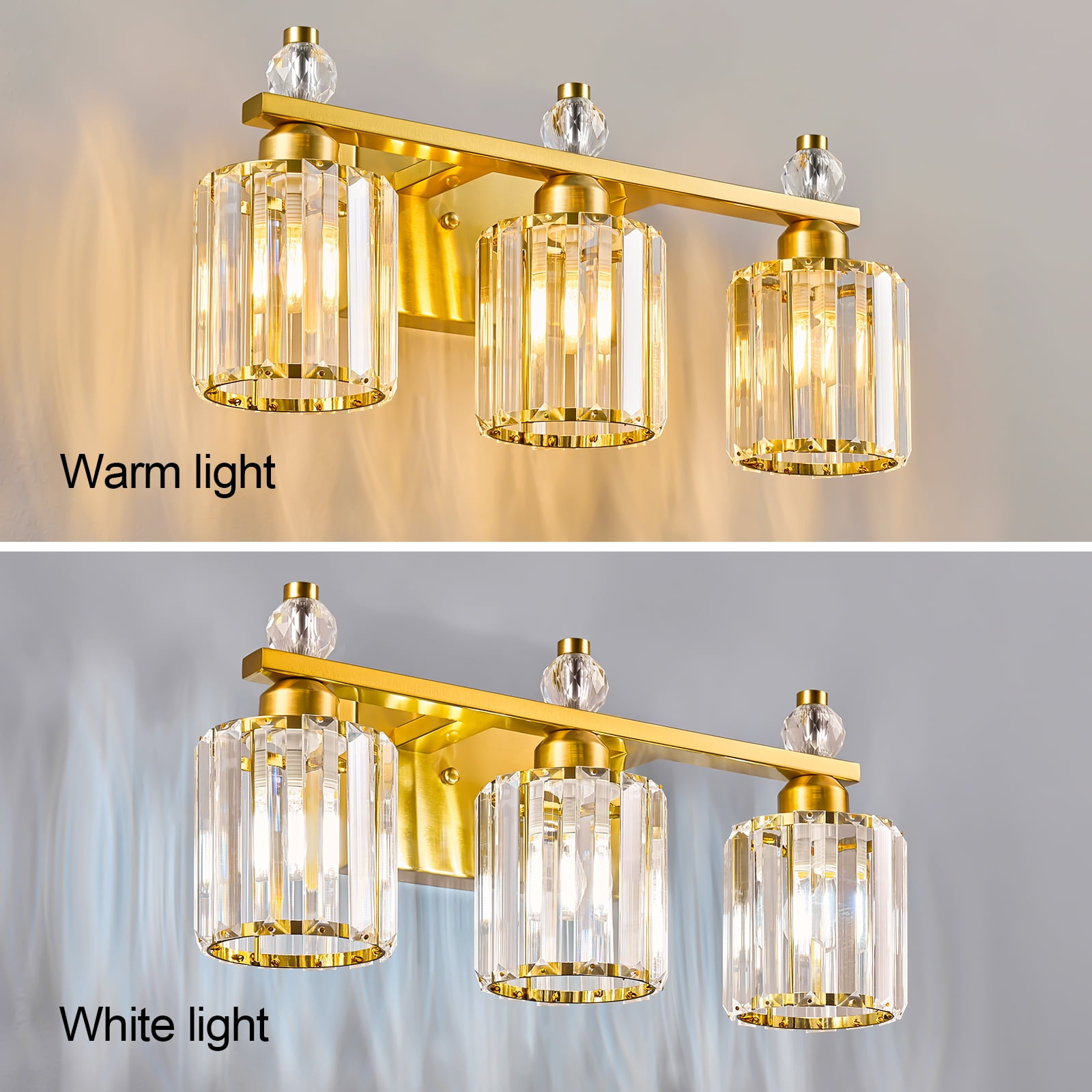 Deyidn 3-Light Gold Bathroom Light Fixtures,Modern Bathroom Vanity Lights Fixture with Clear Crystal Glass Shade, Modern Crystal 3 Lights Wall Sconce for Mirror Bedroom Living Room
