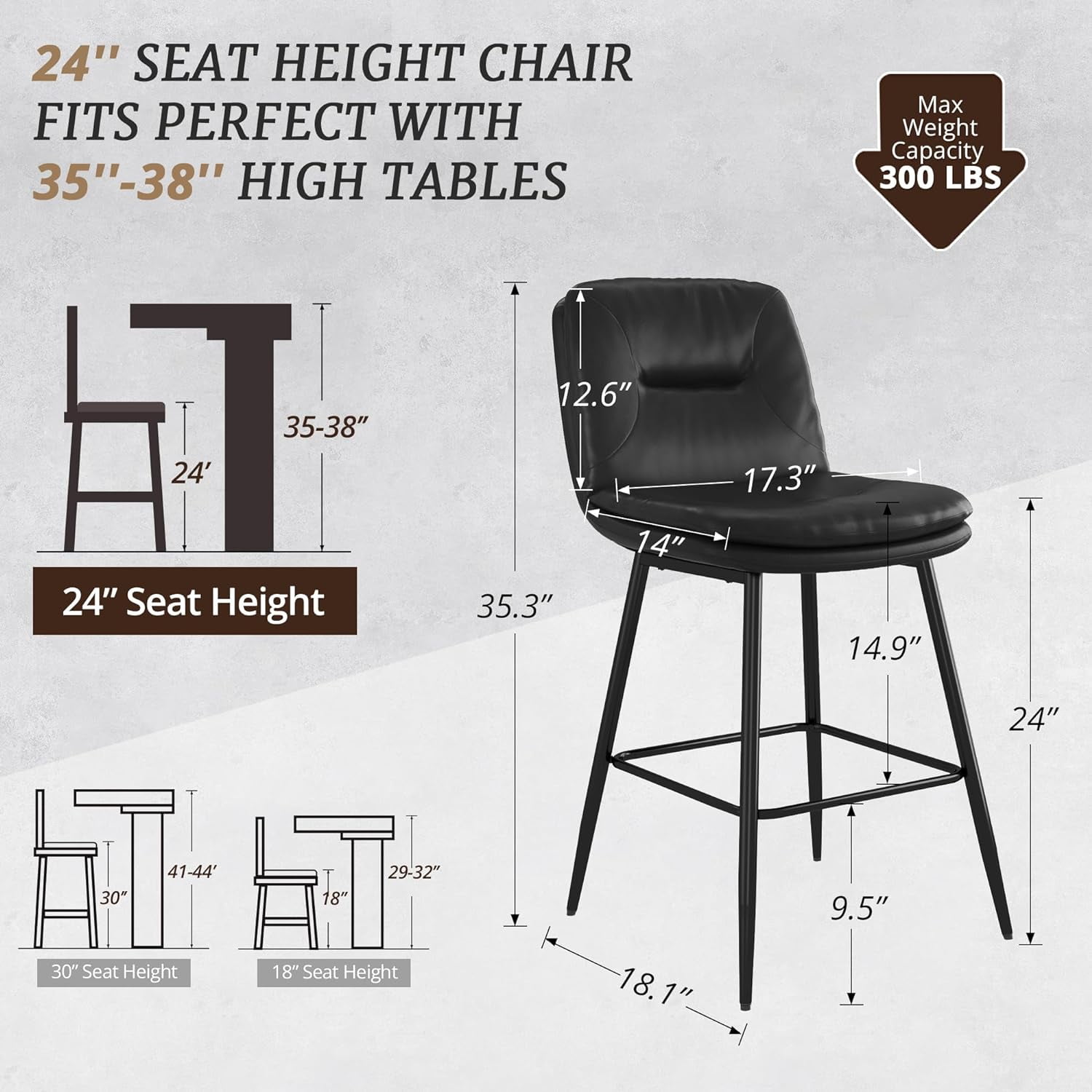 Dycanpo 24”H Bar Stools Set of 4, Double-Layer Upholstered, for Home Kitchen, Black