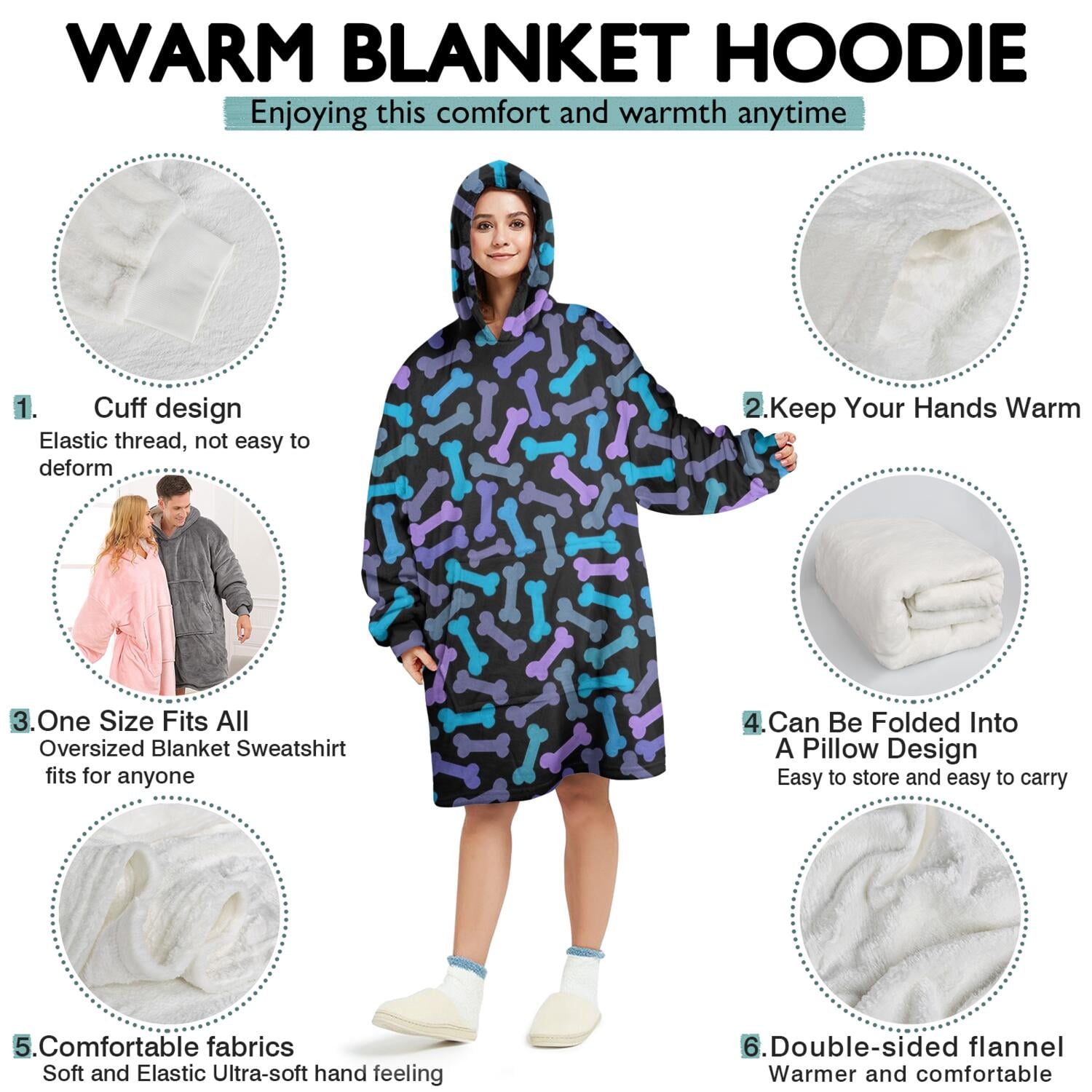 Dog Bones Wearable Oversized Blanket,Wearable Blanket Hoodie for Adults,Cozy Hooded Blankets with Super Pockets,Super Warm Fuzzy Pullover for Women & Men