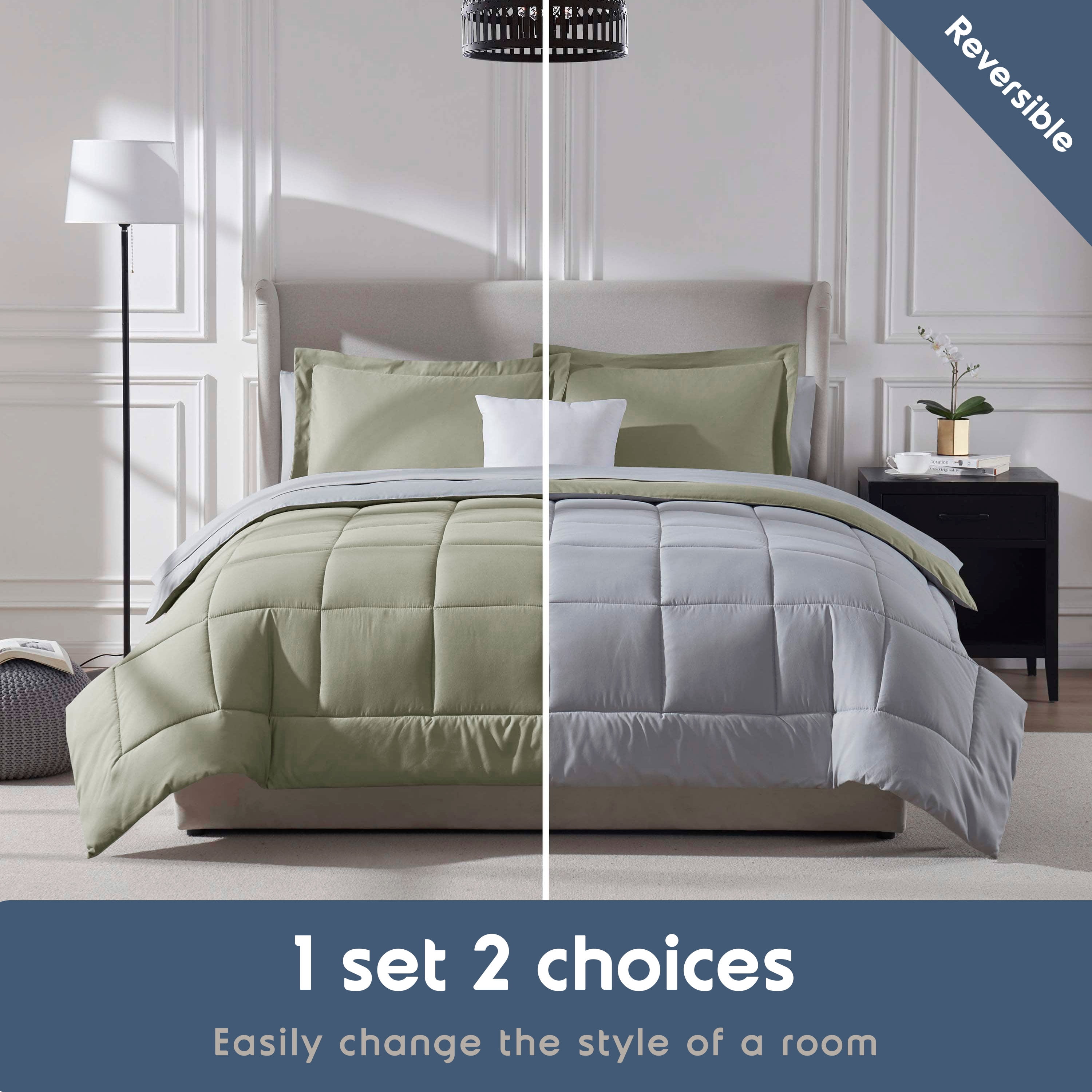 LammaLoe King Comforter Set, With King Sheets, Reversible Bed In A Bag 7 Piece, Bedding Set, Light Sage