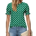 thumbnail image 4 of Women's Spring Summer Clothing Fashion Polkas Printed Base T-Shirts Pleated Sleeves Short Sleeves Round Neck Blouses Top, 4 of 6