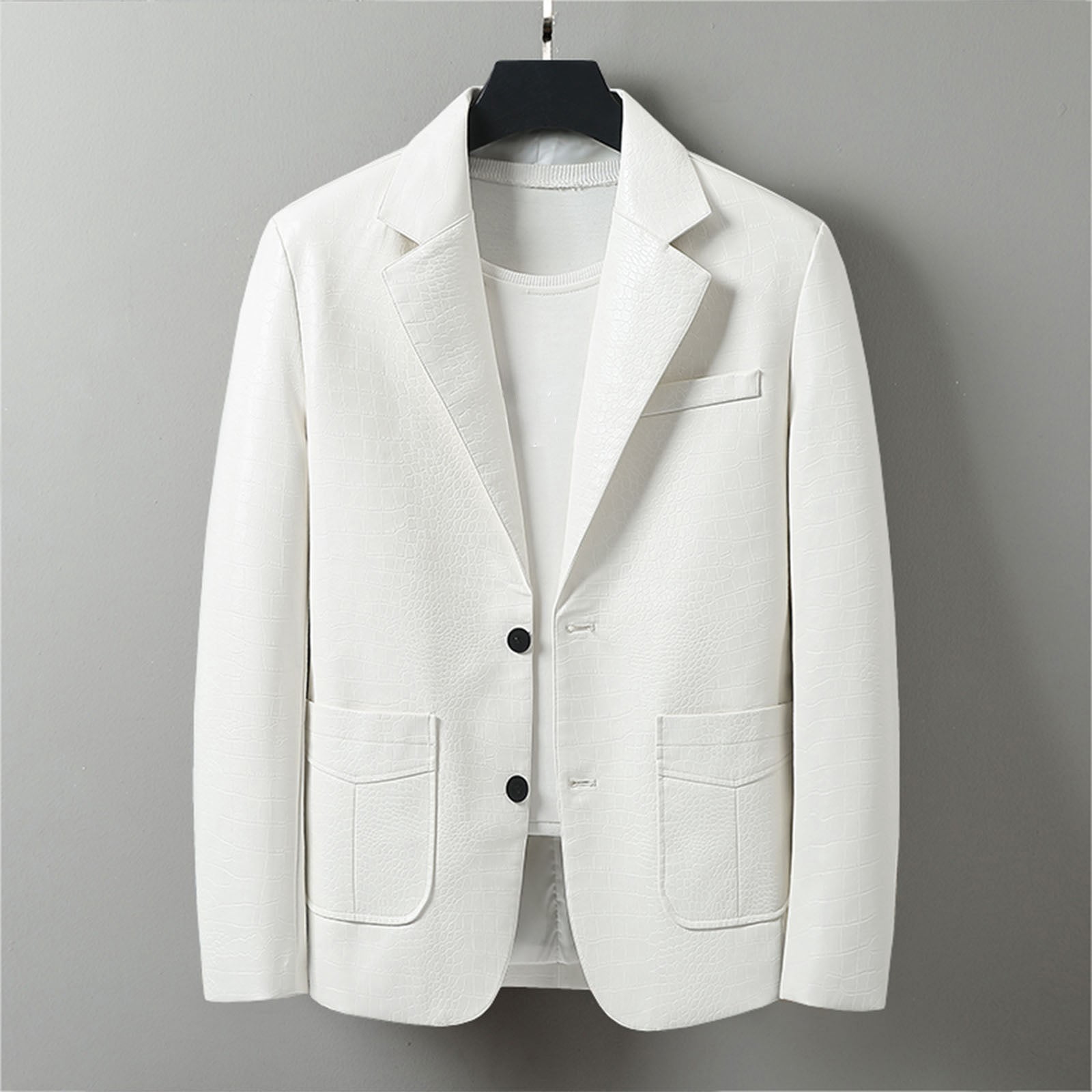 BVnarty Men's Crocodile Pattern Blazer Business Suit Jacket Slim Fit Faux Leather Long Sleeve Button Up Coat (White,L)