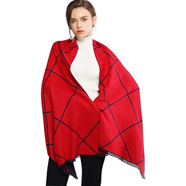 Foulard d'Hiver pour Femme Chaude Pashmina Châle Enveloppant avec Pompon à Carreaux Réversible