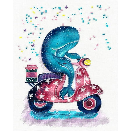 UPC: 4680021530678 | Whale On The Scooter Cross Stitch Kit Deep Sea Life Cross Stitch Pattern On Aida 27 Count Canvas Oven 1183