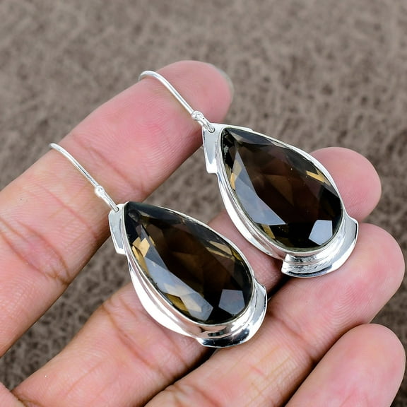 925 Sterrling Silver Smoky Topaz Gemstone Handmade Jewelry Earring 2.21"