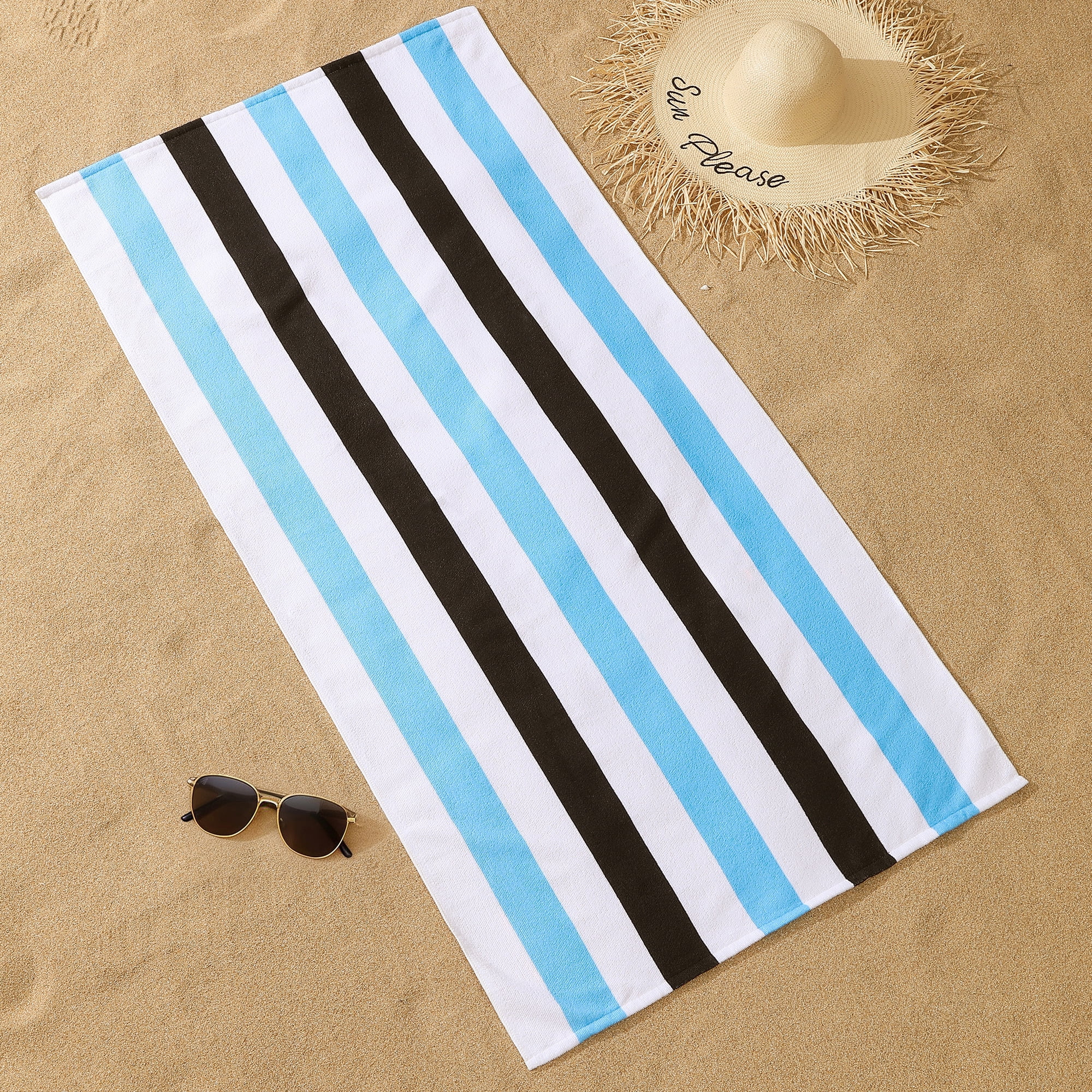 Smuge 4 Pack Cabana Stripe Beach Towels, 60x30 inches Microfiber Lightweight Outdoor Large Swim Towel for Adults (Blue Black)