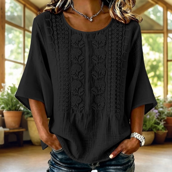thefmos Women Summer Boho Linen Tops 3/4 Sleeve Round Neck Embroidery Casual Loose Pullover Blouses Solid Fall Fashion Tunic, Black M