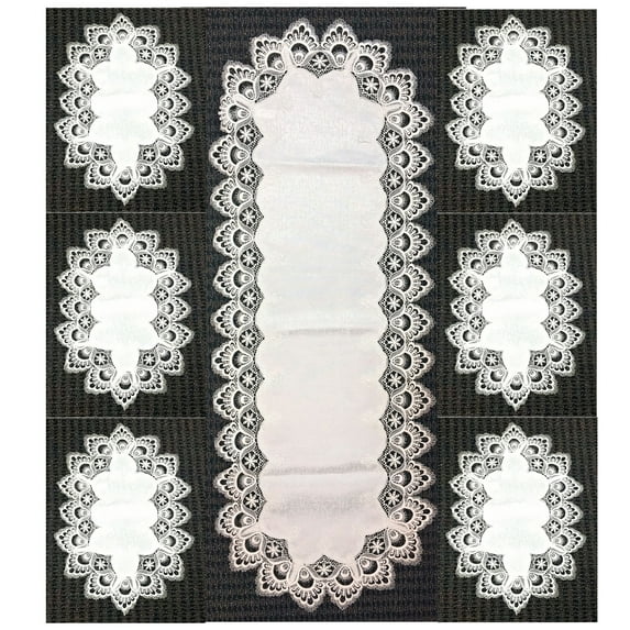 White Lace Embroidered Kitchen Table Placemats and Table Runner Set of 7 New