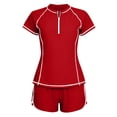 thumbnail image 4 of Brnmxoke Tankini Swimsuits for Women with Long Shorts Summer Casual Zip Up Short Sleeve Rash Guard Set Two Piece Swim Shirts with Shorts Padded Swimwear Beach Outfits Red,L, 4 of 5