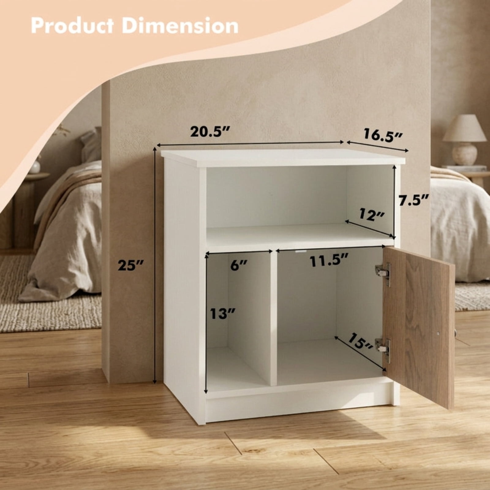 Furnibear 2 Pieces 25 Inch Tall Nightstands with Door and 2 Open Shelves for Bedroom Living Room Bedside Sofa Side Small Space, White
