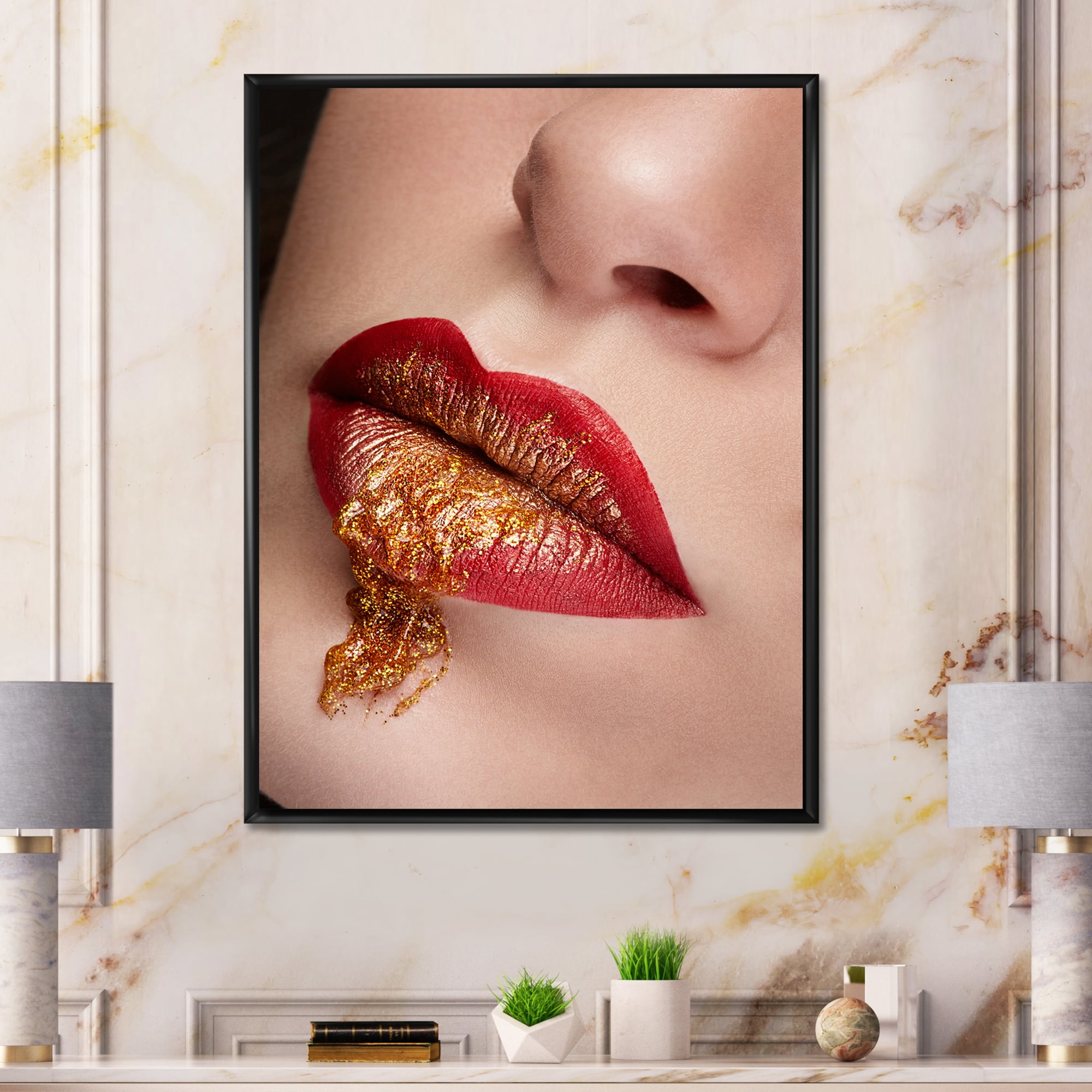 Designart 'Close Up Lips With Gold and Red Make Up' Modern Framed Canvas Wall Art Print