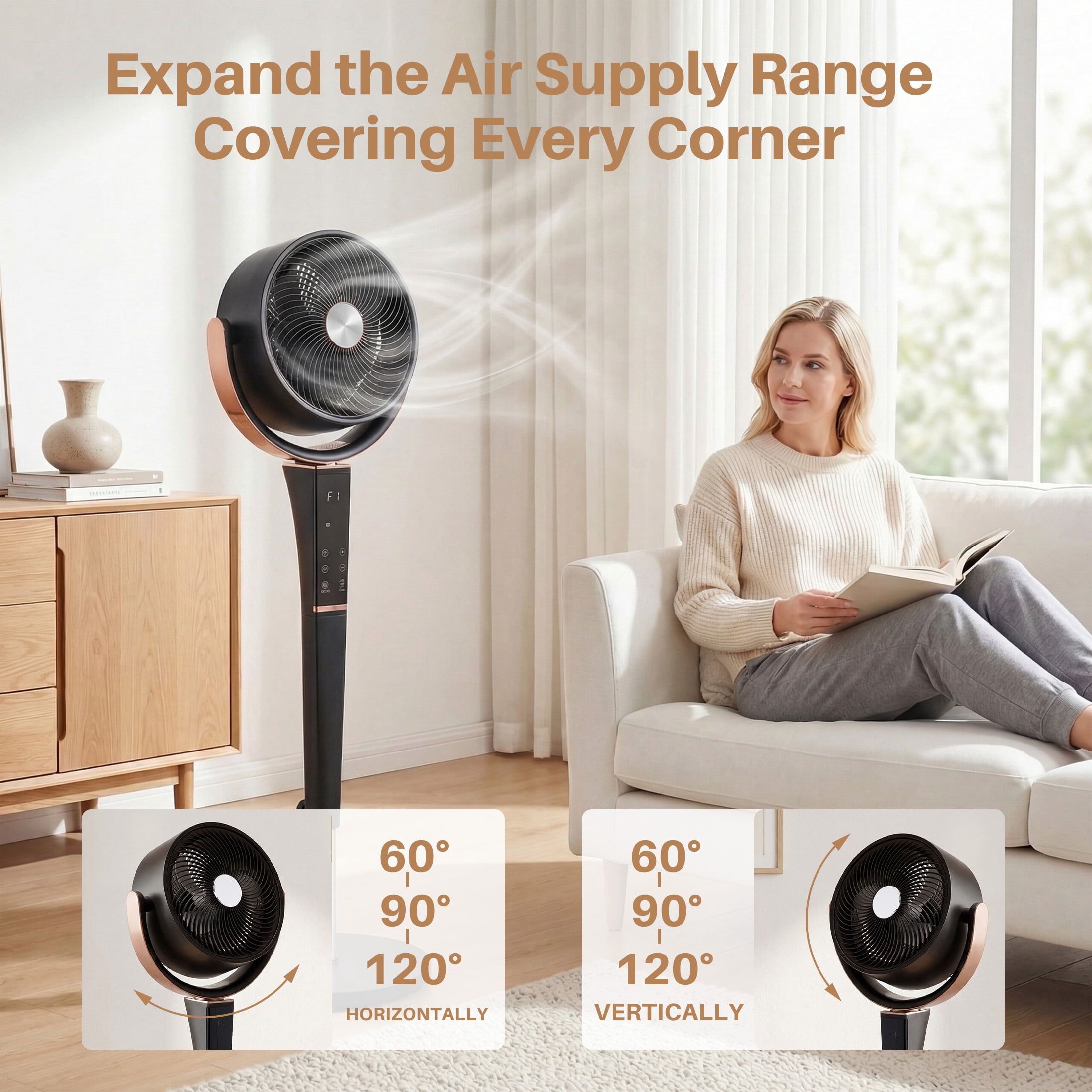 SHOUFTW Quiet Pedestal Fan for Bedroom, Oscillating Standing Fan with 15 Speeds & 5 Modes, 37-45" Adjustable Height, 12H Timer, Black