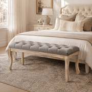 Bedroom Bench, French Vintage Tufted Entryway Bench, 43.3" Upholstered End of Bed Bench with Distressed Wood Legs, Linen Ottoman Seat for Living Room, Foyer, Dining Room, Gray