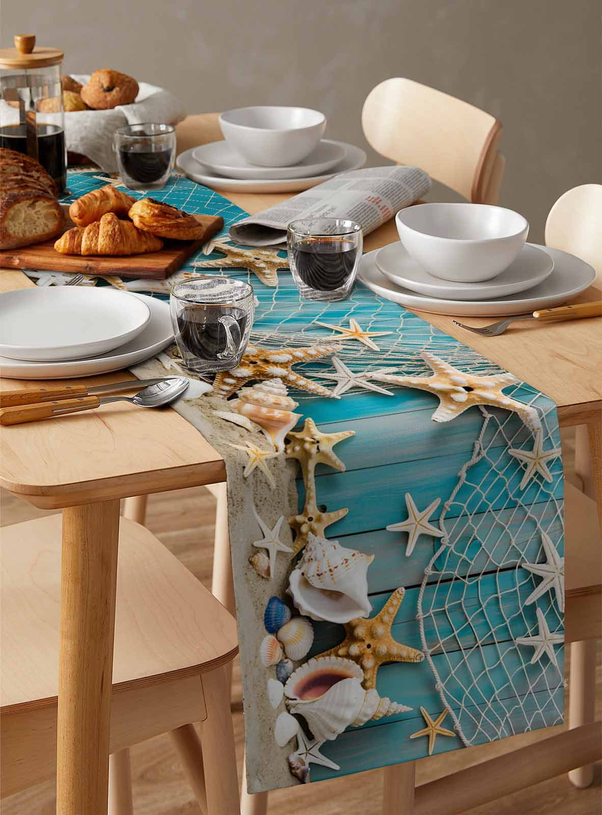 Table Runner Beach SeaTheme Table Decoration for Kitchen Dinning Starfish Seashell Nautical Table Decoration for Indoor Outdoor Party Wedding Decor 13x90inch