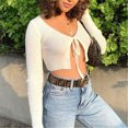 thumbnail image 3 of xiaxaixu Women Top Solid Color Long Sleeve Cardigan Front Tie Crop Slim-Fit Top, 3 of 6