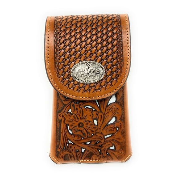 Texas West Western Cowboy Tooled Floral Leather Rodeo Concho Belt Loop Cell Phone Holster Case in 4 Colors