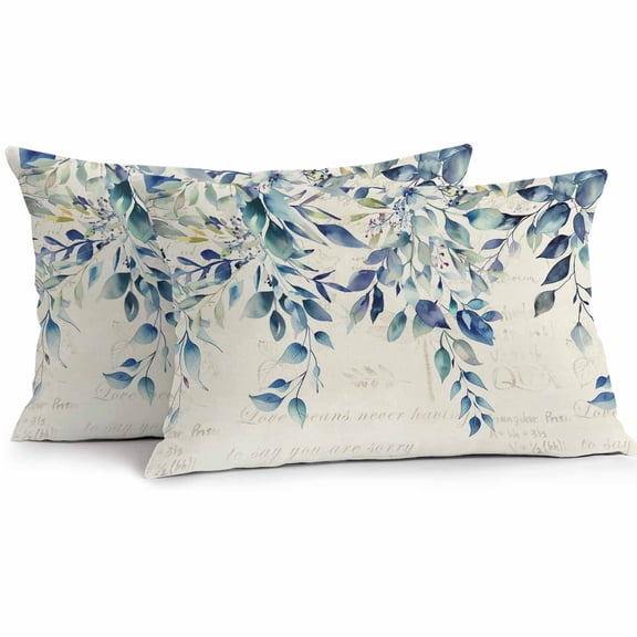 Pastoral Floral Plant Outdoor Pillow Covers Pack of 2 Sage Blue Eucalyptus Leaves Beige Waterproof Throw Pillow Covers Decorative Cushion Cases for Patio Garden Tent Balcony Couch 20x12 inch