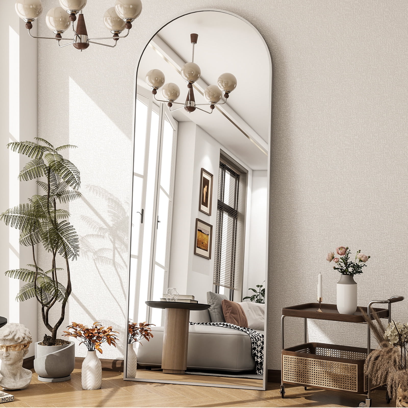 GRAHMCY 72"x25" Arched Floor Mirror with Stand Wall-Mounted, Silver