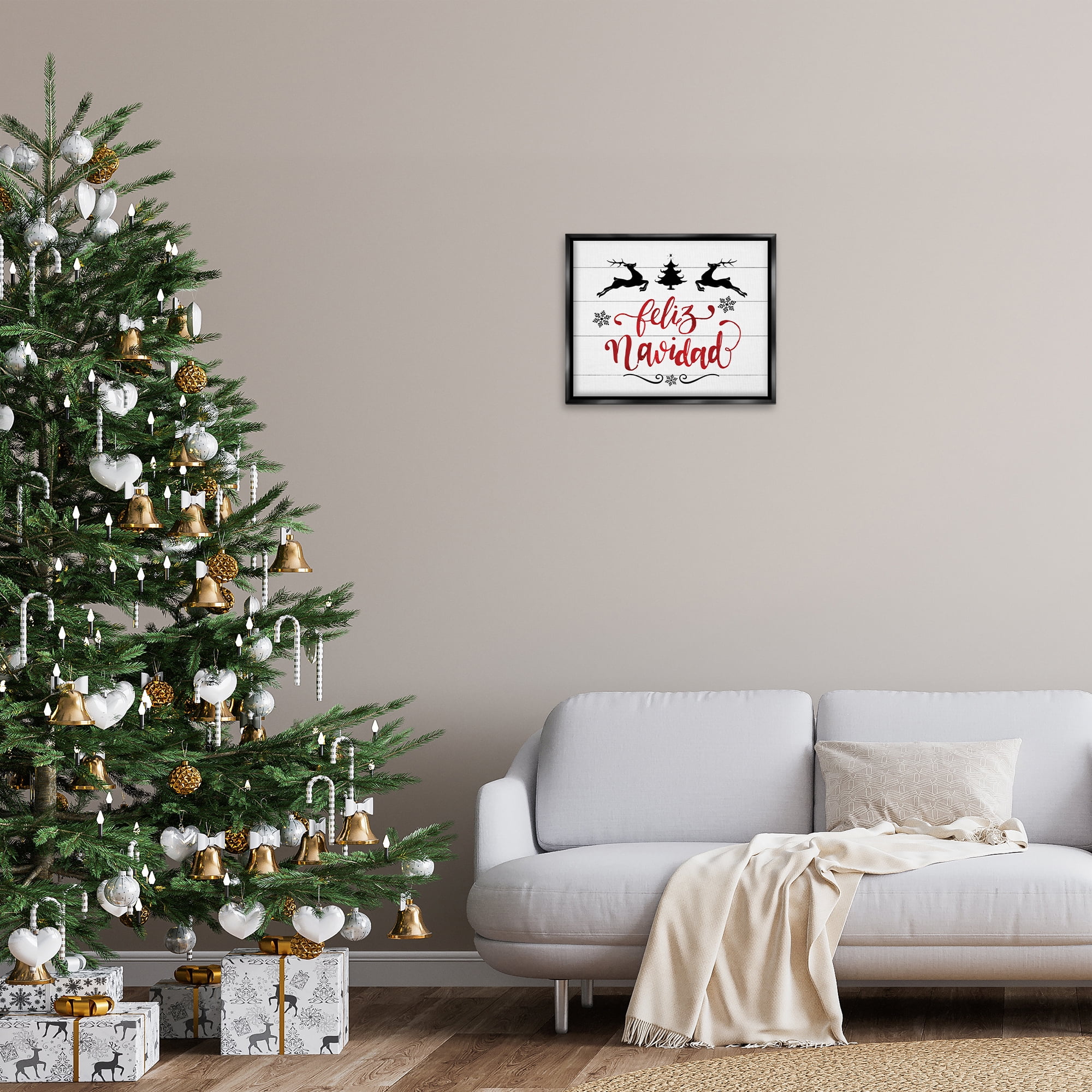 Stupell Industries Feliz Navidad con Renos Holiday Painting Black Floater Framed Art Print Wall Art, 21 x 17