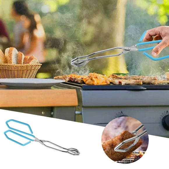 Scissor Tongs Stainless Steel Food Tongs With Wrap Handle Angled Bread Clamp For BBQ Grilling Cake Blue Cooking Metal 12