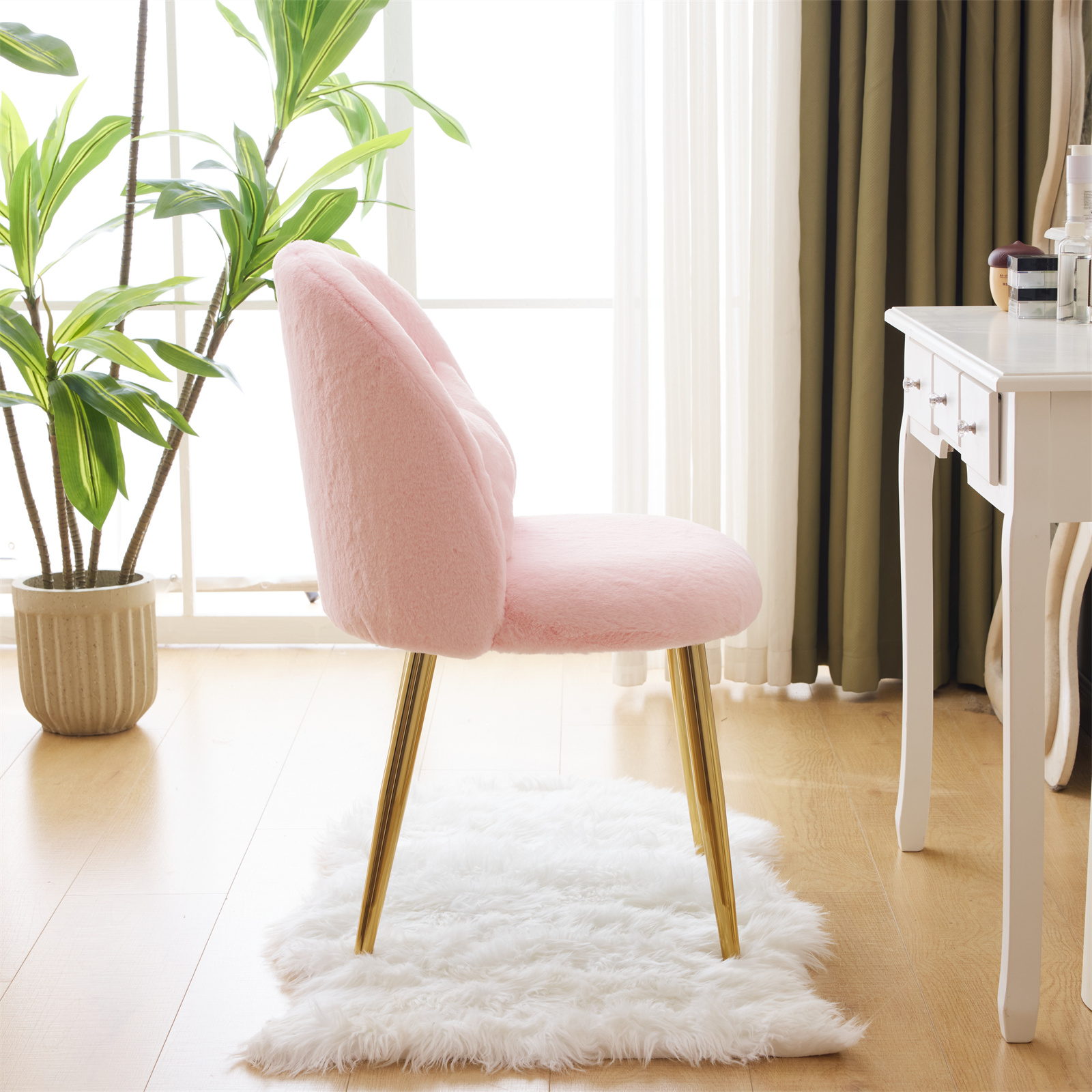 Ktaxon Vanity Makeup Chair Comfy Accent Chair Small Office Chair for Living Dining Room Bedroom Home Office Faux Rabbit Hair Pink
