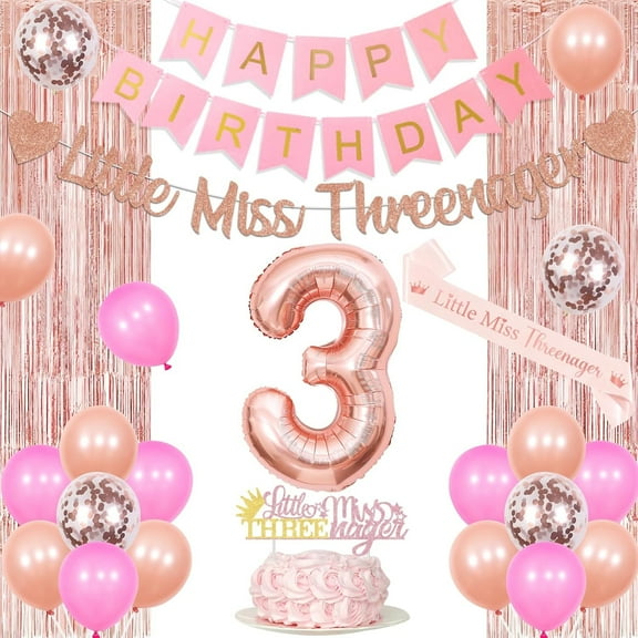 JOYMEMO Rose Gold Little Miss Threenager Birthday Decorations for Girl - Happy 3rd Birthday Decor with Birthday Sash Garland, Crown Balloon Cake Topper Foil Fringe Curtain, Happy 3 Year Old Birthday
