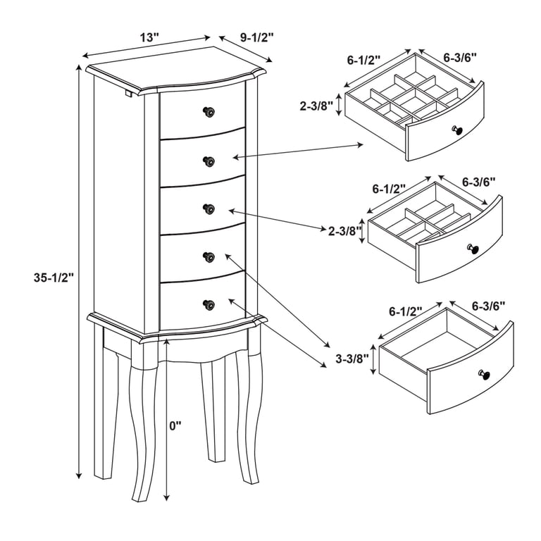 Powell Jasmine White Jewelry Armoire with Crystal Drawer Pulls and