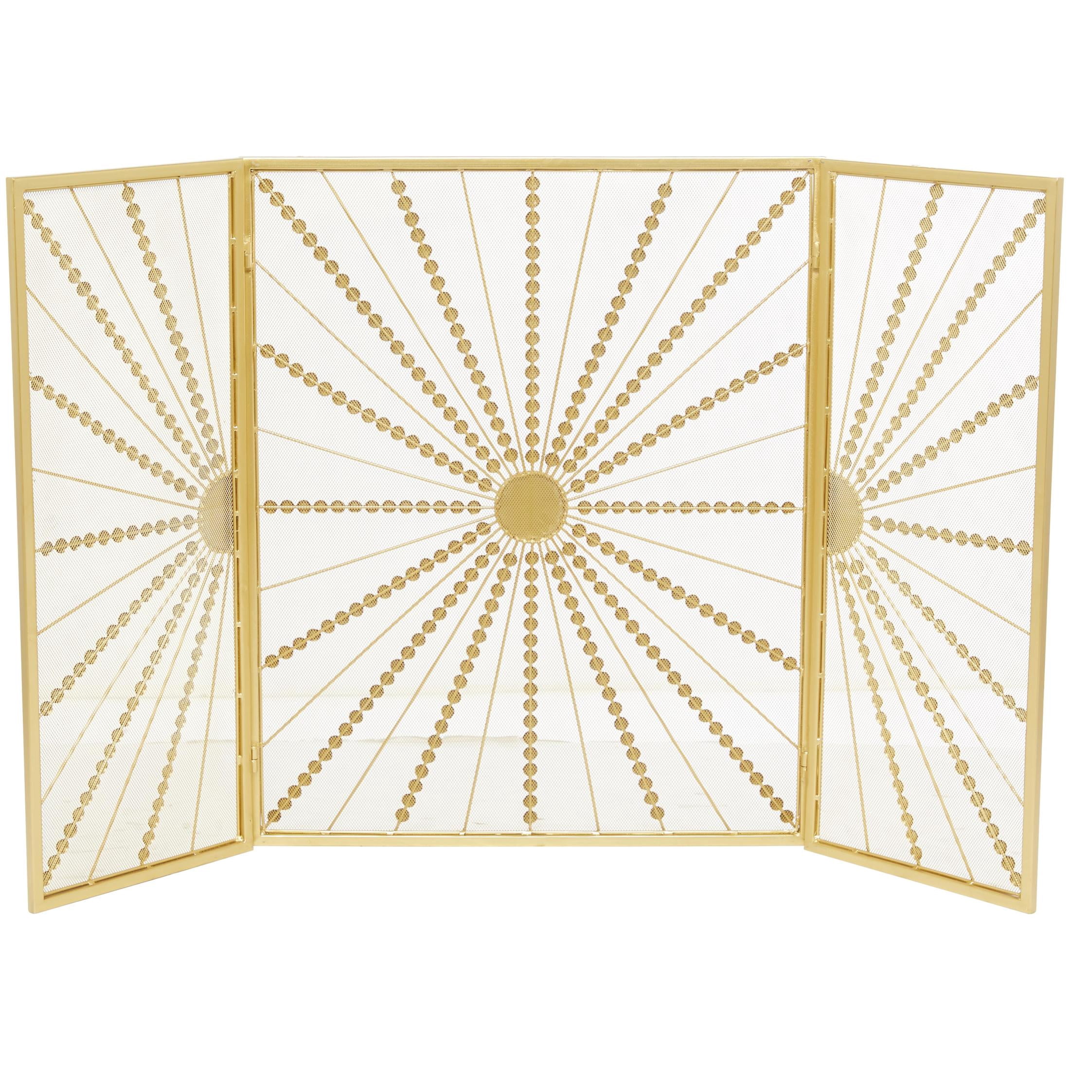 DecMode 48" x 30" Gold Metal 3 Panel Starburst Fireplace Screen with Beaded Rays, 1-Piece