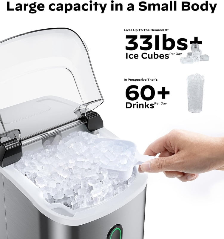 Countertop Nugget Ice Maker,Chewable Pellet Ice Machine with Self-Cleaning Function, 33 lbs/24H Portable Ice Maker for Home, Kitchen, and Office, Stainless Steel