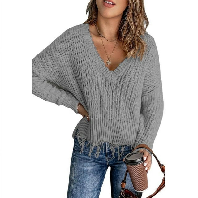 Mode des Femmes Bloc de Couleur Pull Manches Longues Creux Pompons en Détresse Pull