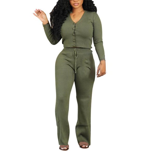 Chbgutlmr 2 Piece Sets for Women Button up Long Sleeve Slim Cardigans Drawstring Waist Pants Comfy Knitted Outfits
