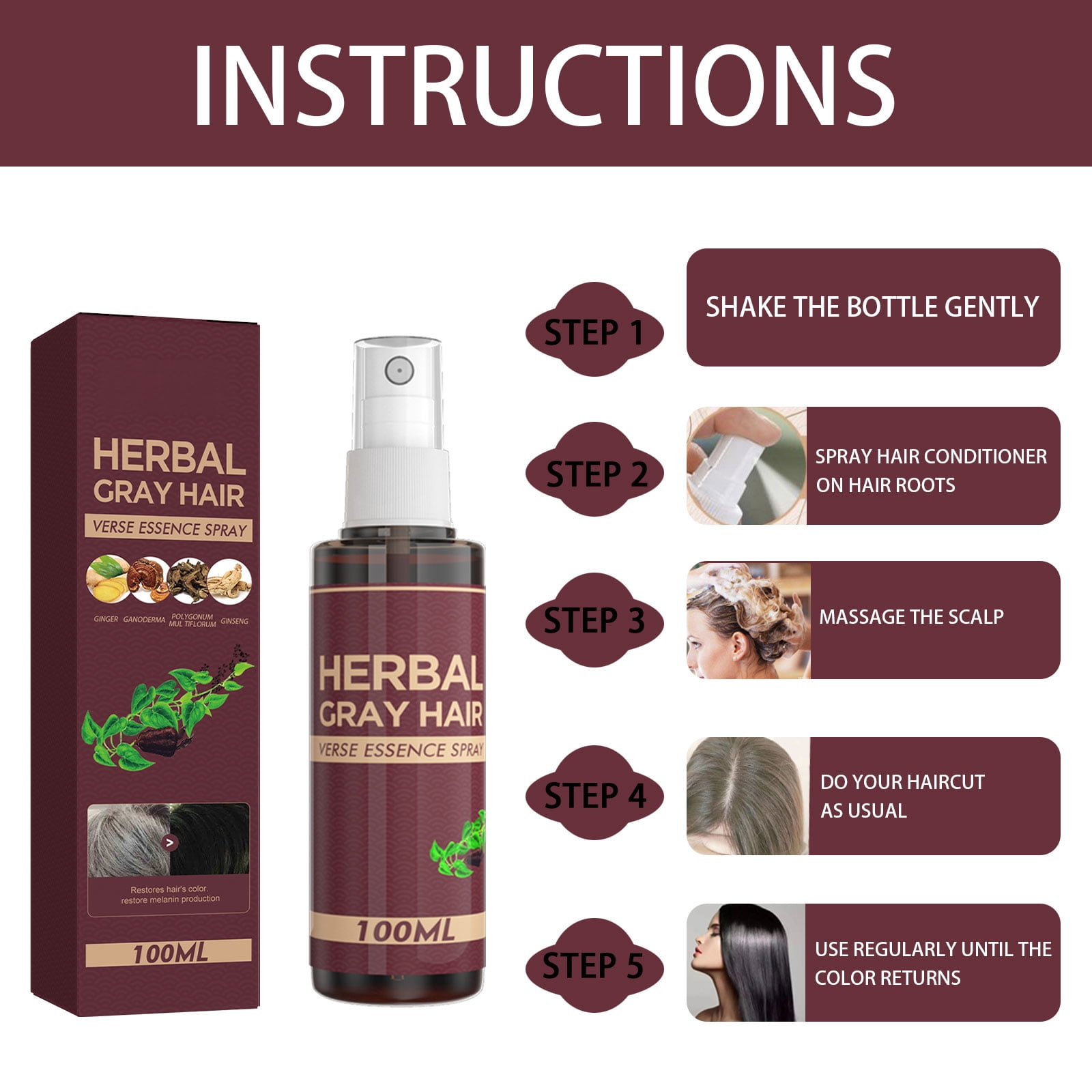 Alvantor Herbal Gray Hair Essence Spray - Natural Color Restoring & Scalp Care, 3.38fl.oz