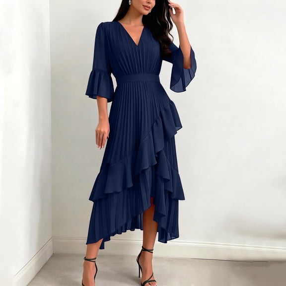 Ovbmpzd Cocktail Womens Dresses Summer Bodycon Maxi Party Navy Dresses Elbow-Length V-Neck Leisure Dresses Casual Dresses,XXL