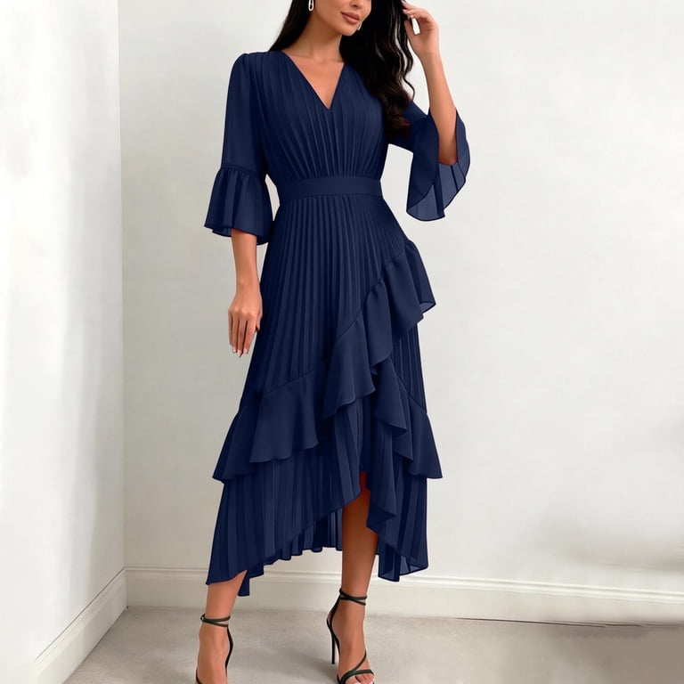 tiered midi dress formal Kukoosong Women's 3/4 Sleeve V-Neck Pleated Midi Dress, Tiered Ruffle Hem Asymmetrical Flowy A-Line Dress, Formal Cocktail Party Elegant Dress, Size: