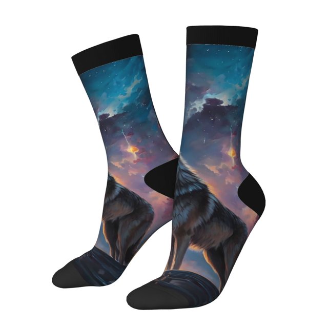 Fotbe Night Sky Wolf Calcetas Largas con Estampado para Hombre y Mujer – Calcetas de Compresión Transpirables y Elásticas, Viajar y Uso Diario Talla 5-11