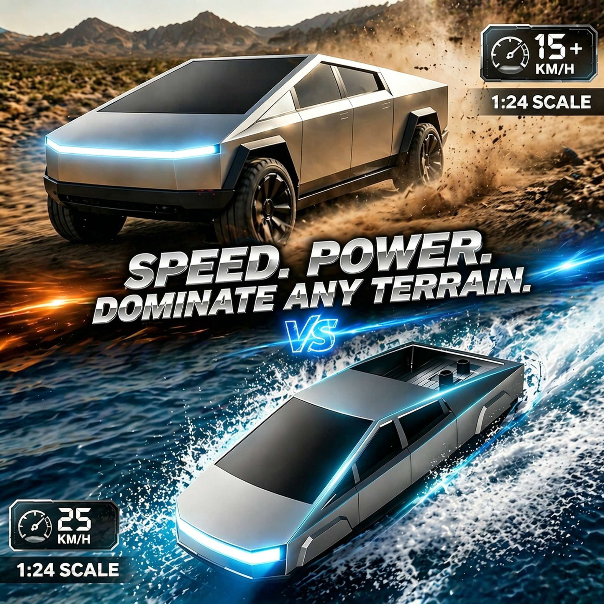 Cybertruck Remote Control Car and Boat Set, 2.4GHz High-Speed RC Watercraft and Truck with Rechargeable Batteries for Kids and Adults