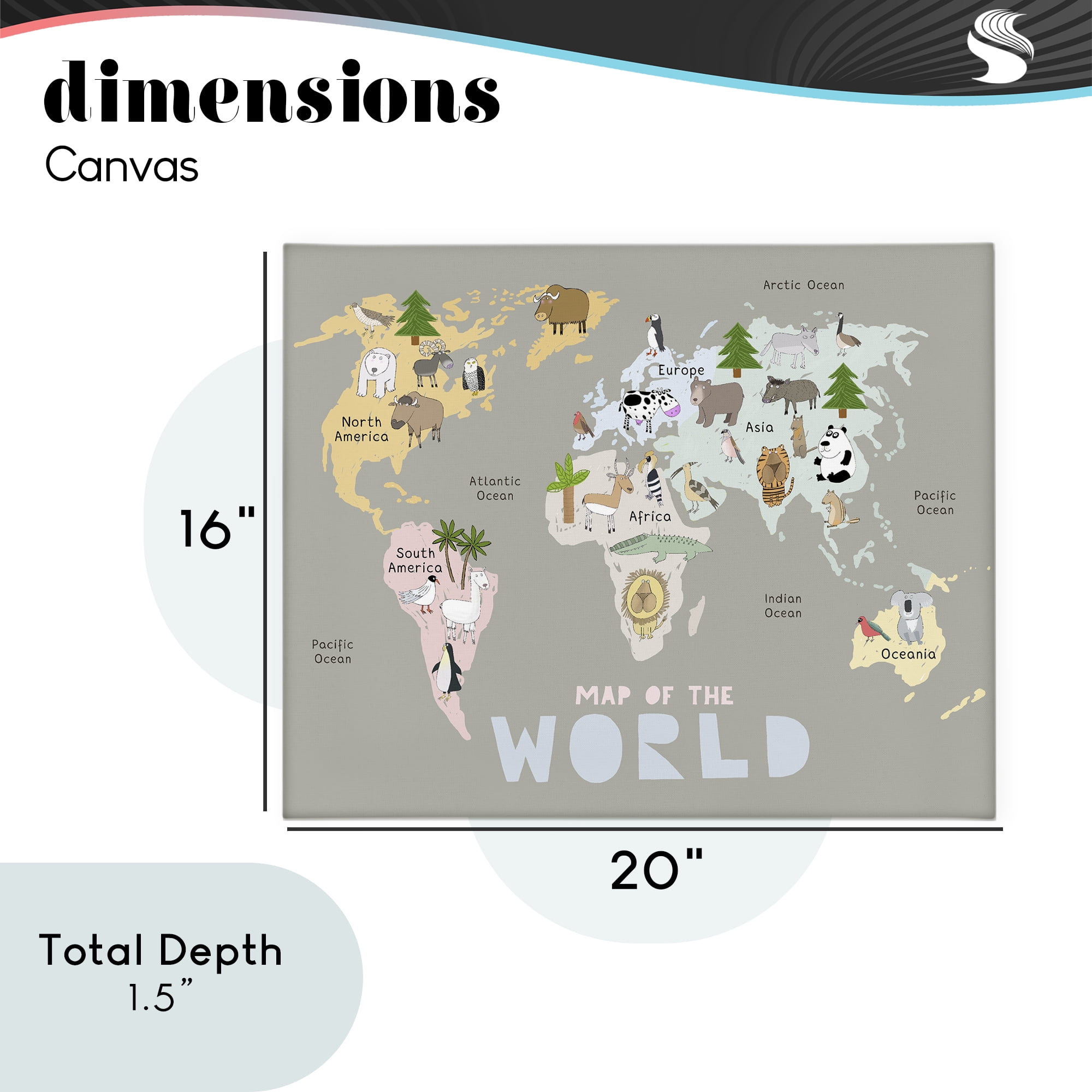 Kid's Map Of World Grey Canvas Wall Art, design by Carla Daly